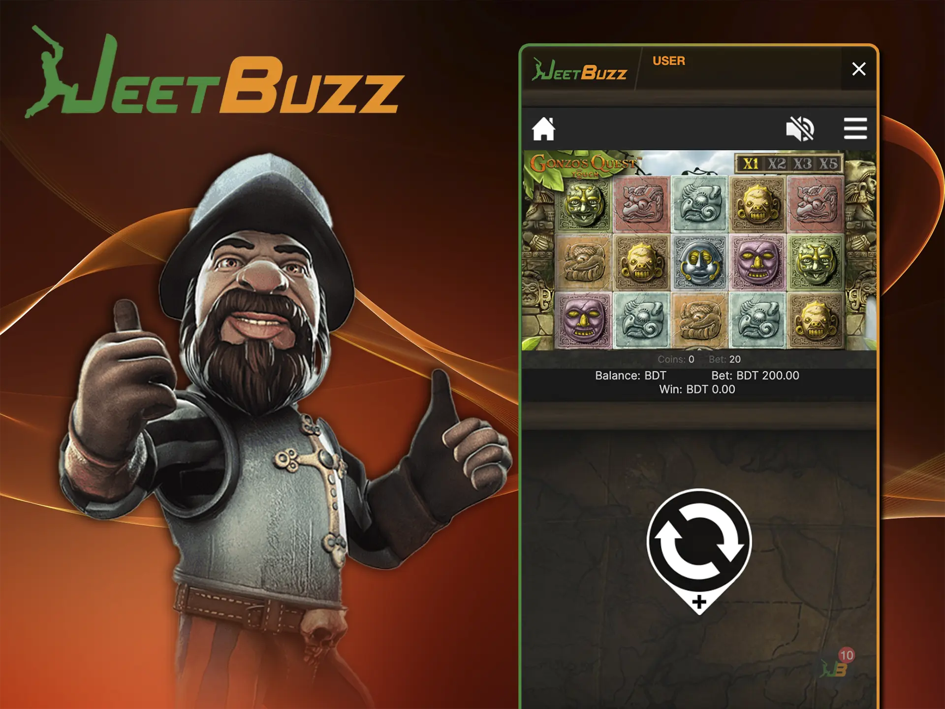 A colourful interface and incredible jackpots await you in the Gonzo Quest game from JeetBuzz Casino.