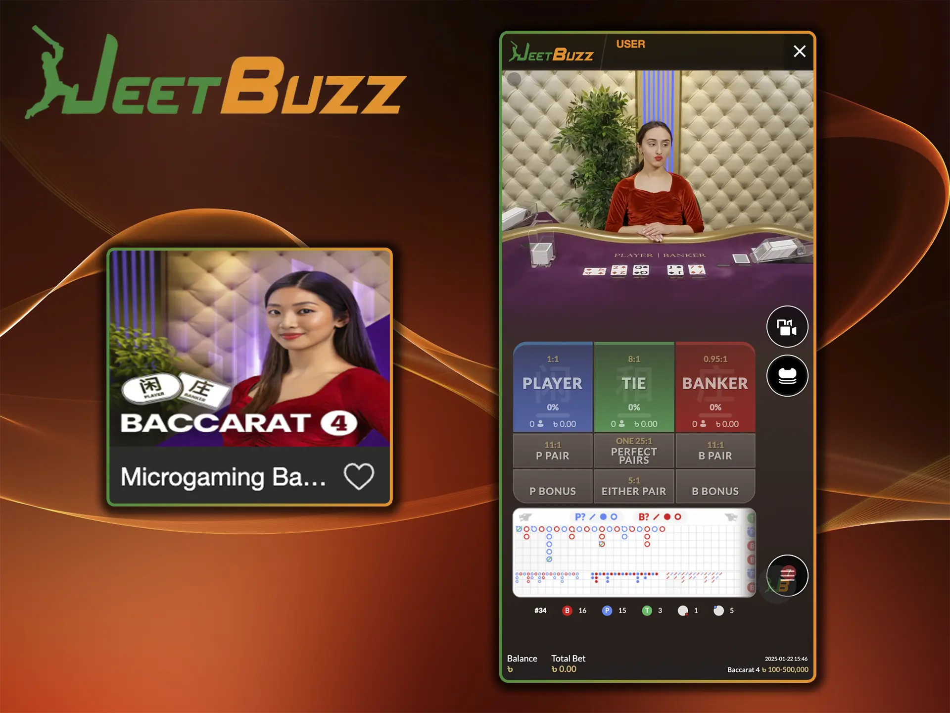 Use tactics and strategies to win in the Baccarat game from provider Microgaming, which is available at JeetBuzz Casino.